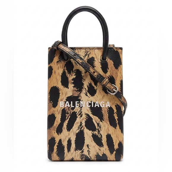 Balenciaga Leopard Print Leather Shopping Phone Holder Mini Bag Crossbody W/ COA